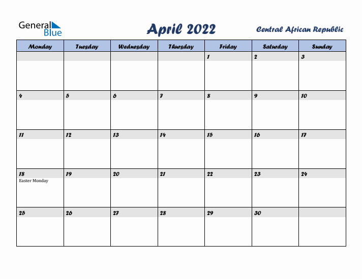 April 2022 Calendar with Holidays in Central African Republic