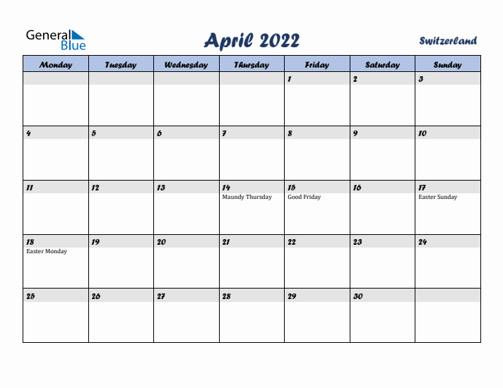 April 2022 Calendar with Holidays in Switzerland