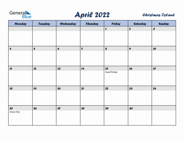 April 2022 Calendar with Holidays in Christmas Island