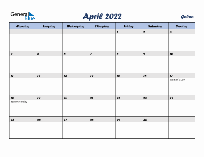 April 2022 Calendar with Holidays in Gabon