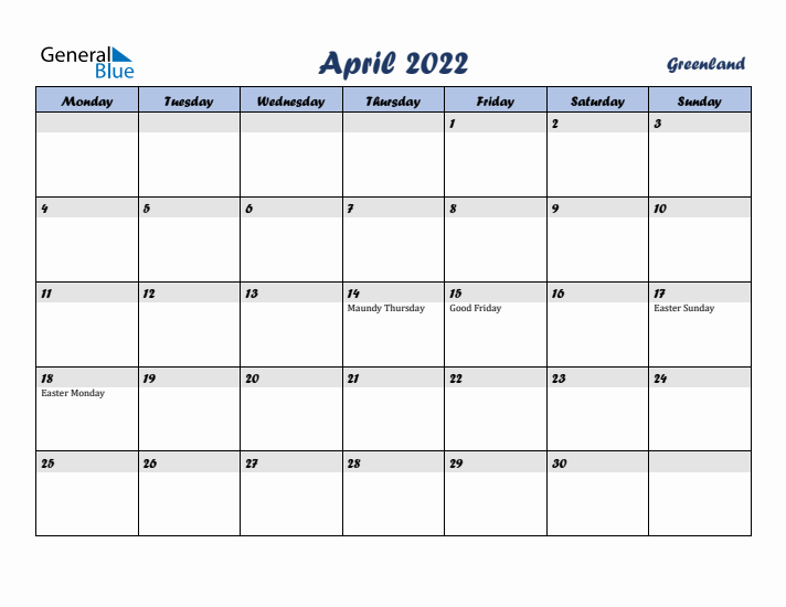 April 2022 Calendar with Holidays in Greenland