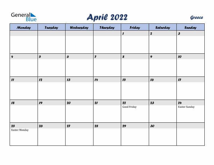 April 2022 Calendar with Holidays in Greece