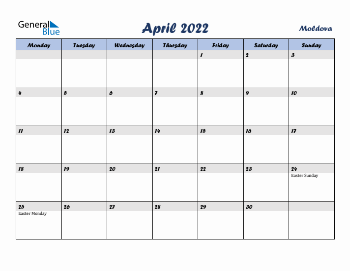 April 2022 Calendar with Holidays in Moldova