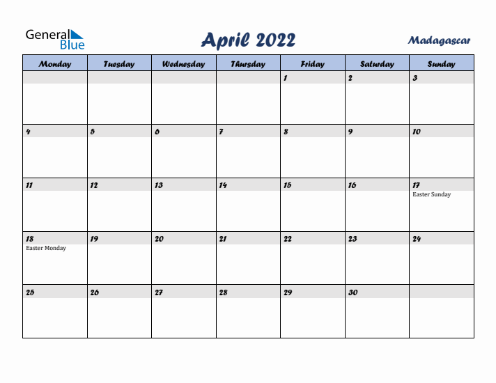 April 2022 Calendar with Holidays in Madagascar