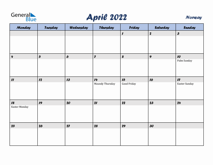 April 2022 Calendar with Holidays in Norway