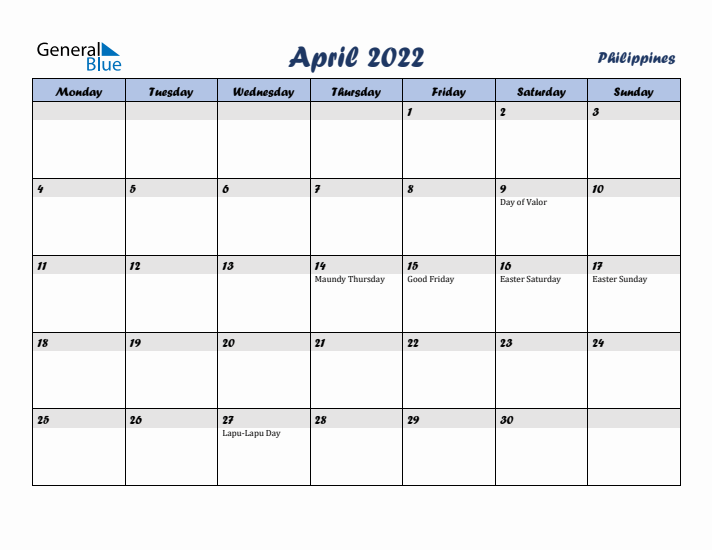 April 2022 Calendar with Holidays in Philippines