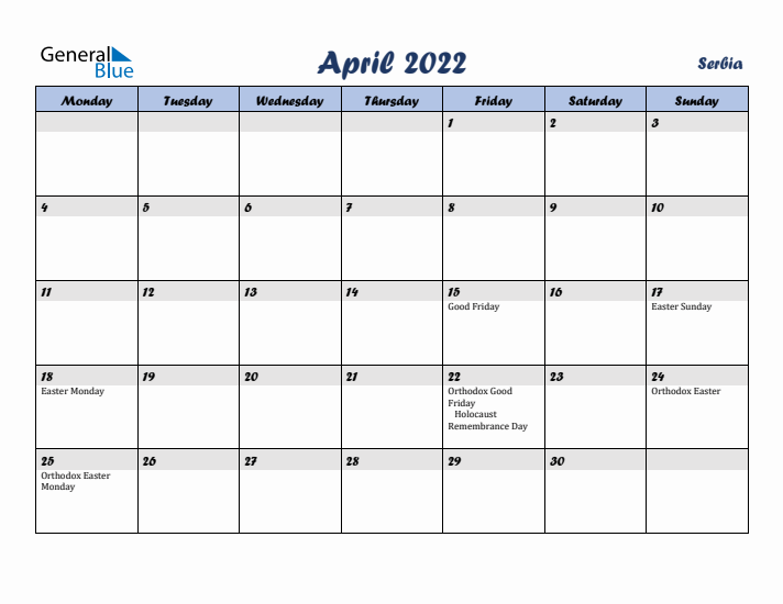 April 2022 Calendar with Holidays in Serbia