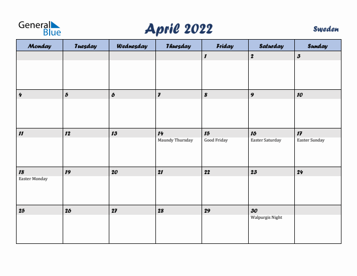 April 2022 Calendar with Holidays in Sweden