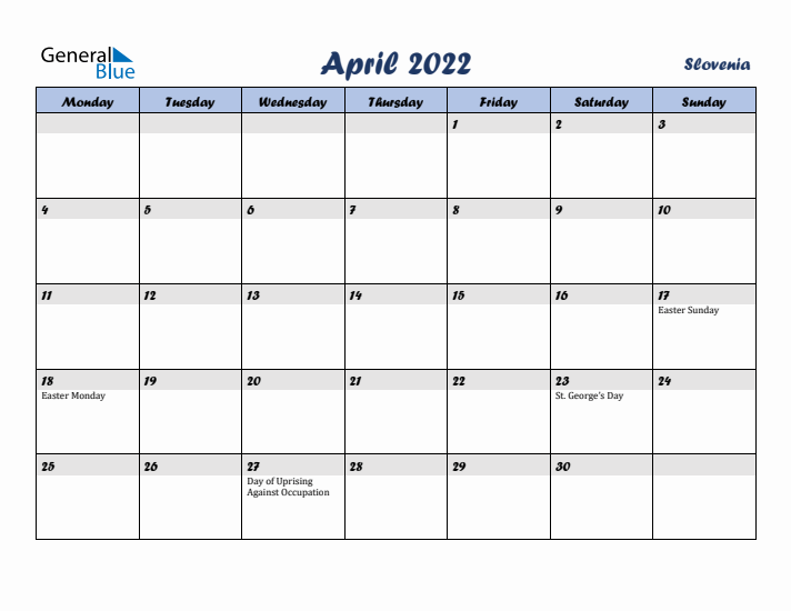 April 2022 Calendar with Holidays in Slovenia