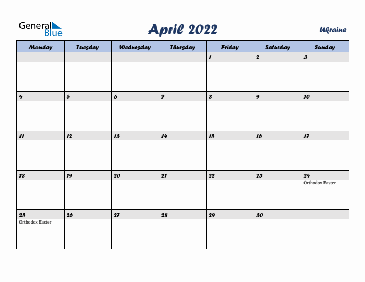 April 2022 Calendar with Holidays in Ukraine