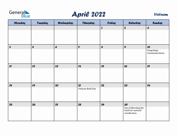 April 2022 Calendar with Holidays in Vietnam