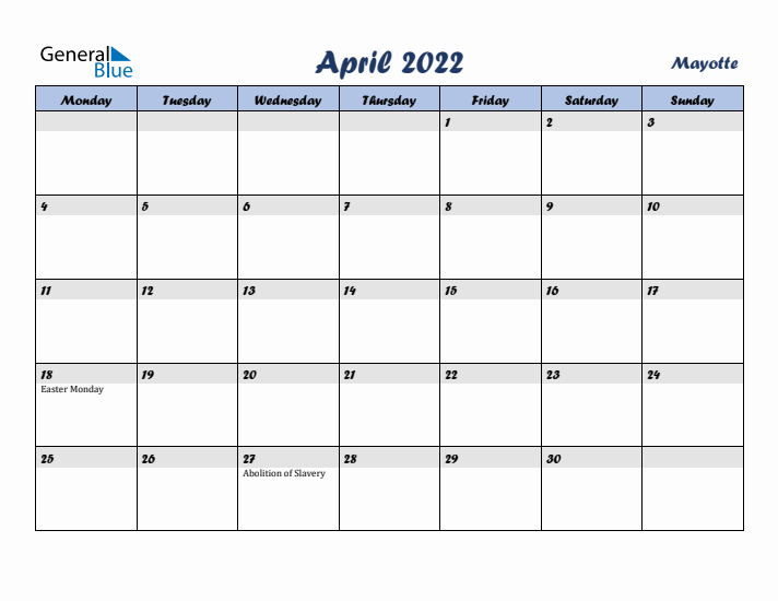 April 2022 Calendar with Holidays in Mayotte