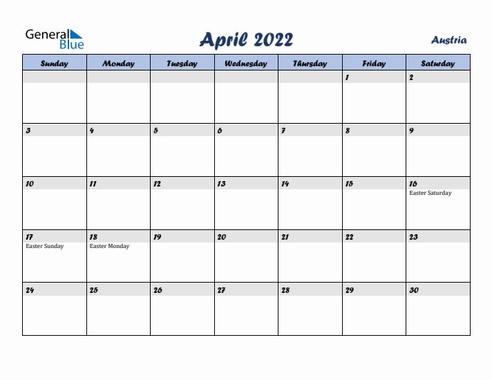 April 2022 Calendar with Holidays in Austria