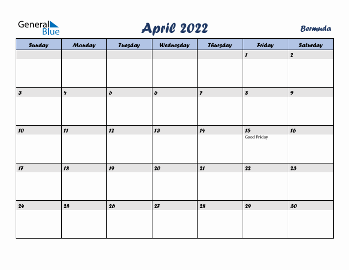 April 2022 Calendar with Holidays in Bermuda