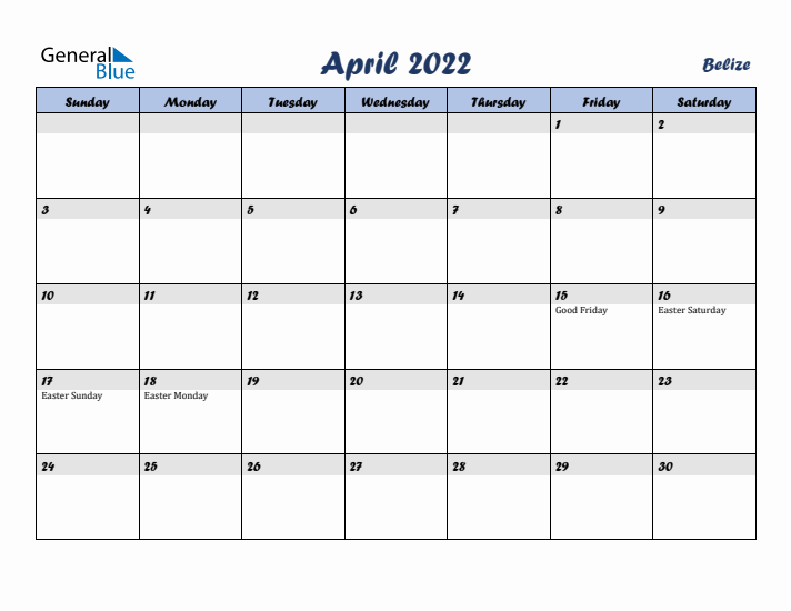 April 2022 Calendar with Holidays in Belize