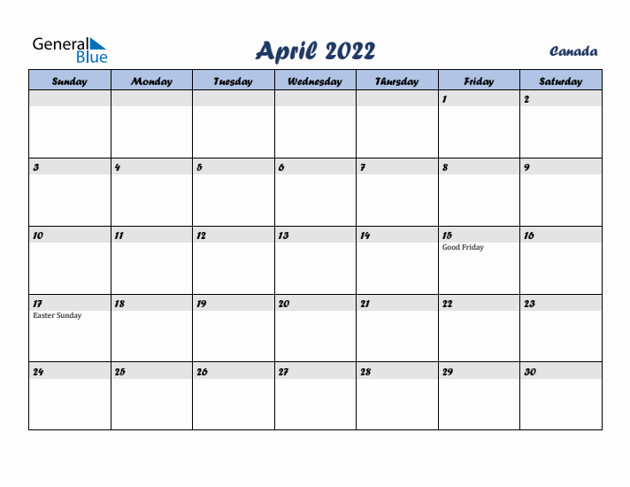 April 2022 Calendar with Holidays in Canada