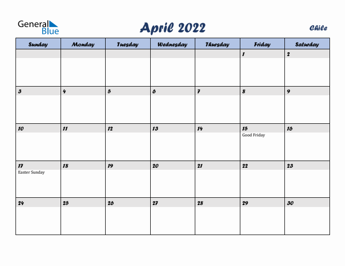 April 2022 Calendar with Holidays in Chile