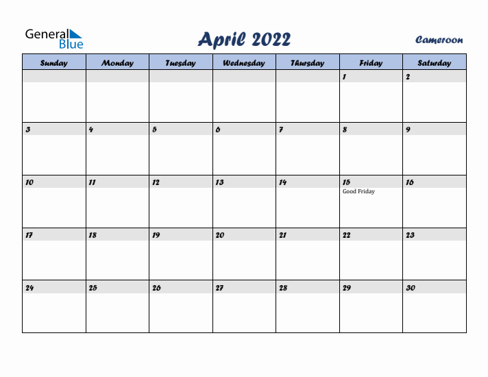 April 2022 Calendar with Holidays in Cameroon