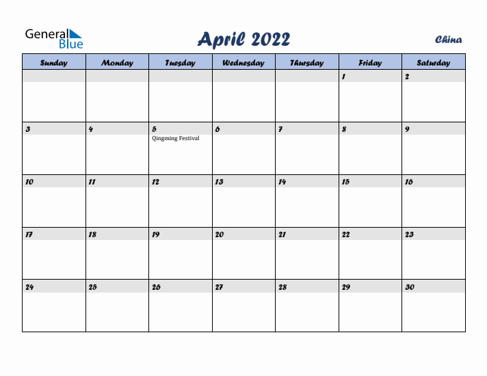 April 2022 Calendar with Holidays in China