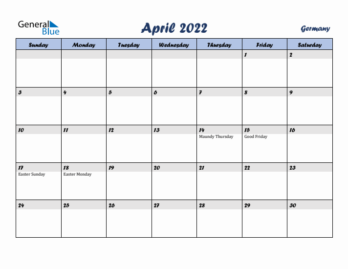 April 2022 Calendar with Holidays in Germany