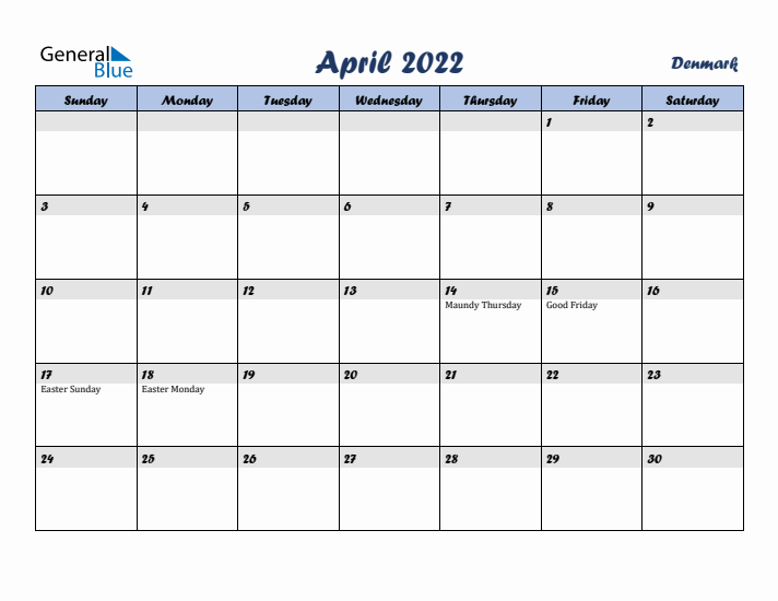 April 2022 Calendar with Holidays in Denmark