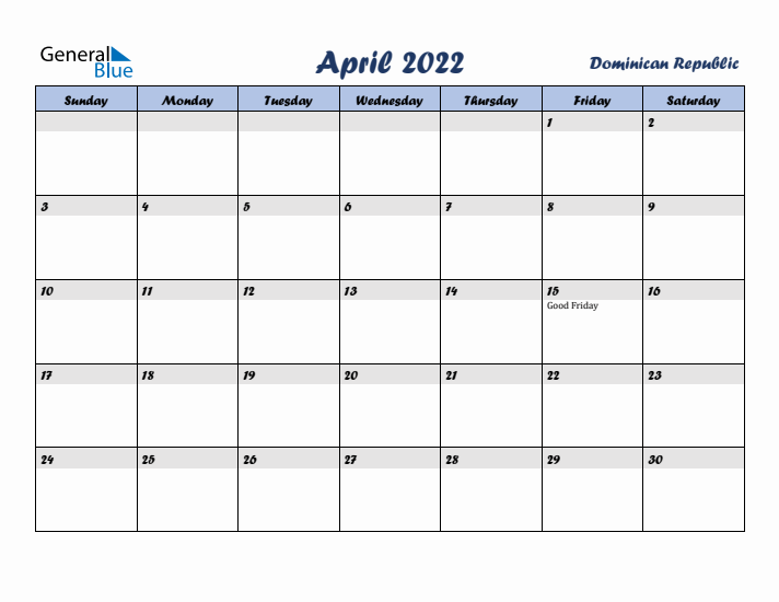 April 2022 Calendar with Holidays in Dominican Republic