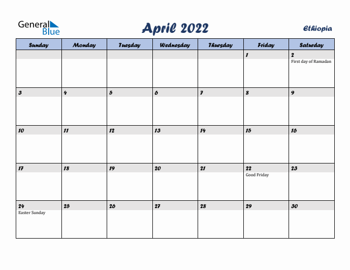 April 2022 Calendar with Holidays in Ethiopia