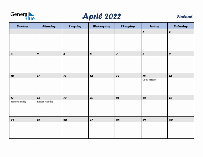 April 2022 Calendar with Holidays in Finland