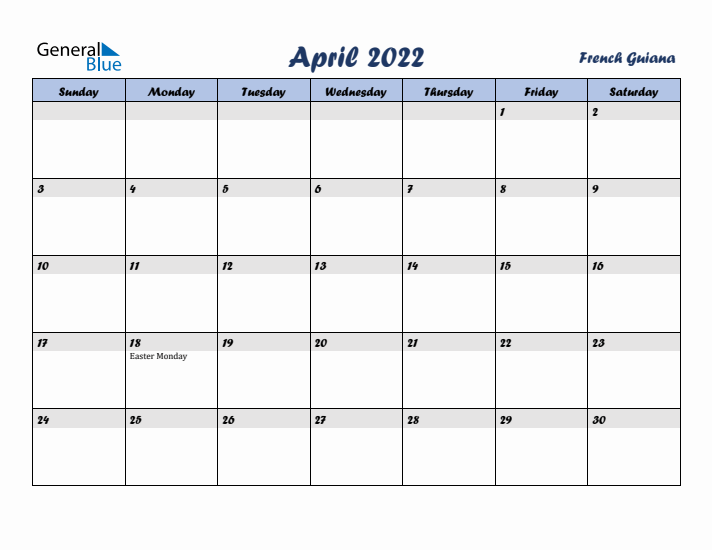 April 2022 Calendar with Holidays in French Guiana