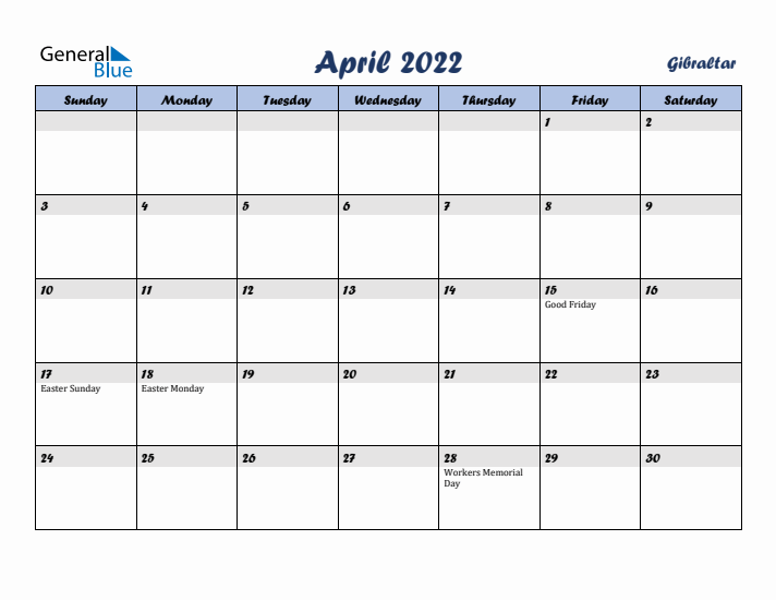 April 2022 Calendar with Holidays in Gibraltar