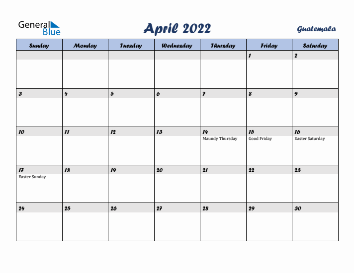 April 2022 Calendar with Holidays in Guatemala