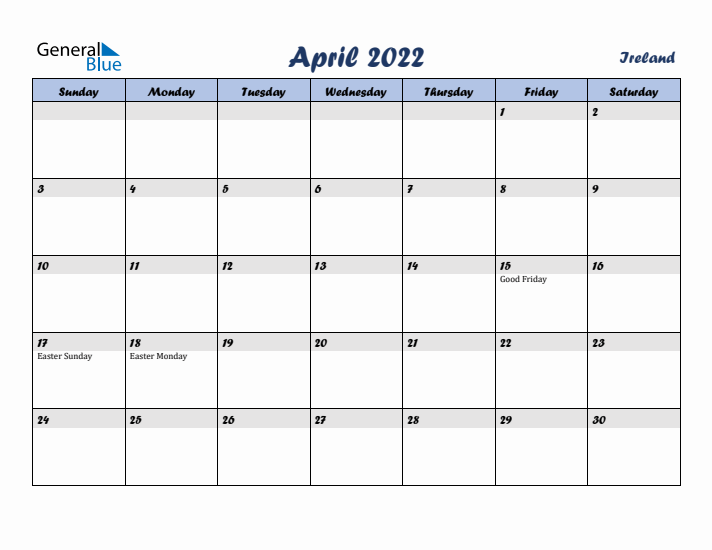 April 2022 Calendar with Holidays in Ireland