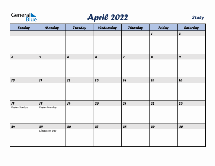 April 2022 Calendar with Holidays in Italy