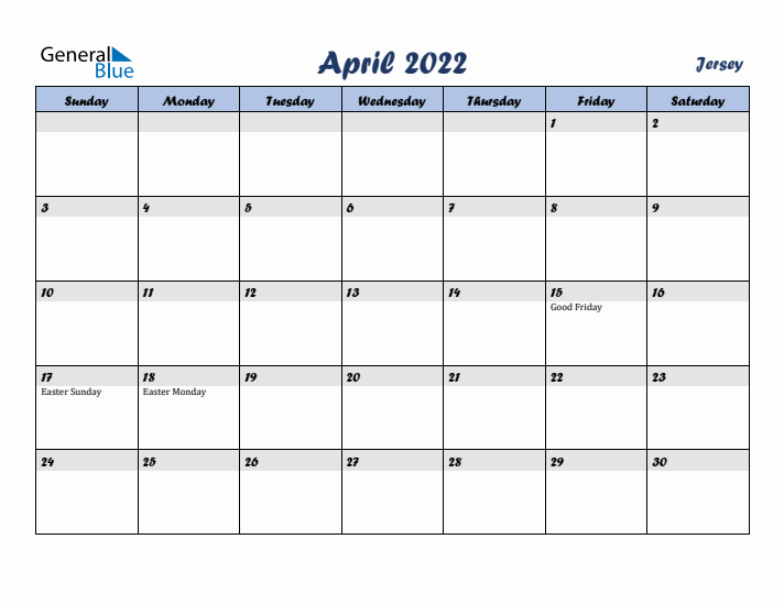 April 2022 Calendar with Holidays in Jersey