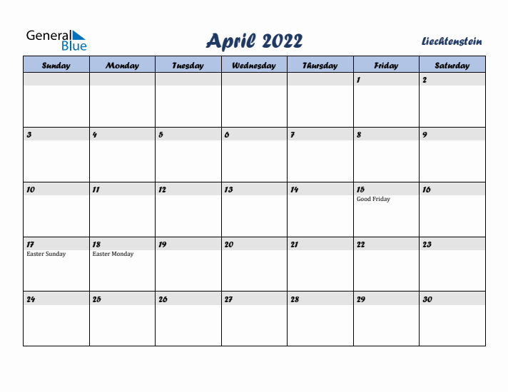 April 2022 Calendar with Holidays in Liechtenstein