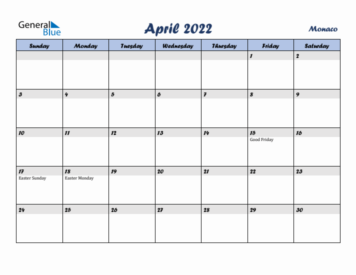 April 2022 Calendar with Holidays in Monaco