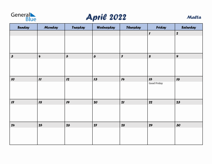 April 2022 Calendar with Holidays in Malta