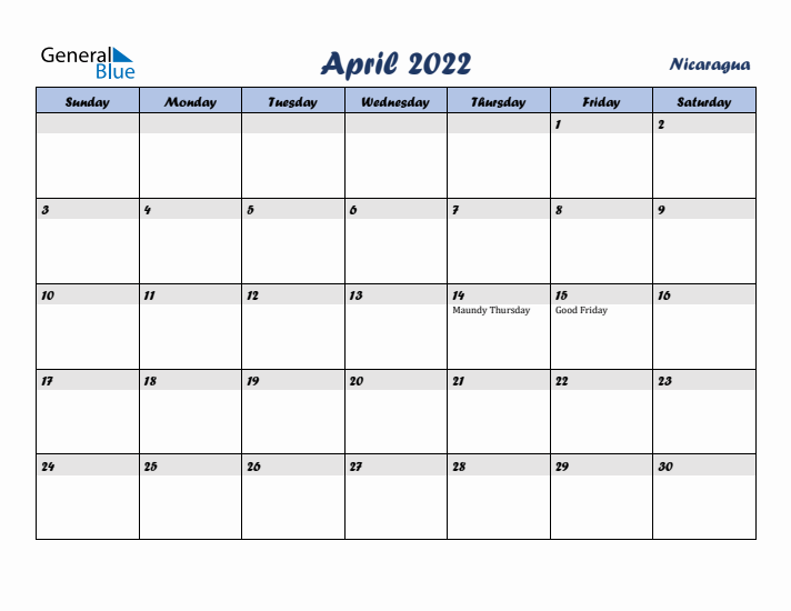 April 2022 Calendar with Holidays in Nicaragua