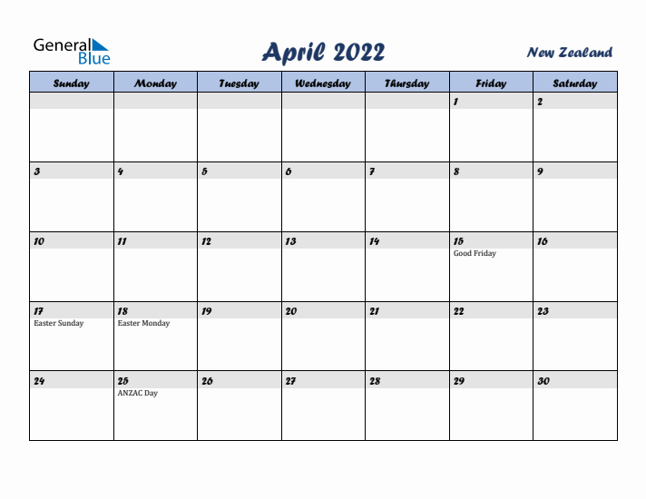 April 2022 Calendar with Holidays in New Zealand