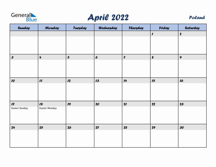 April 2022 Calendar with Holidays in Poland