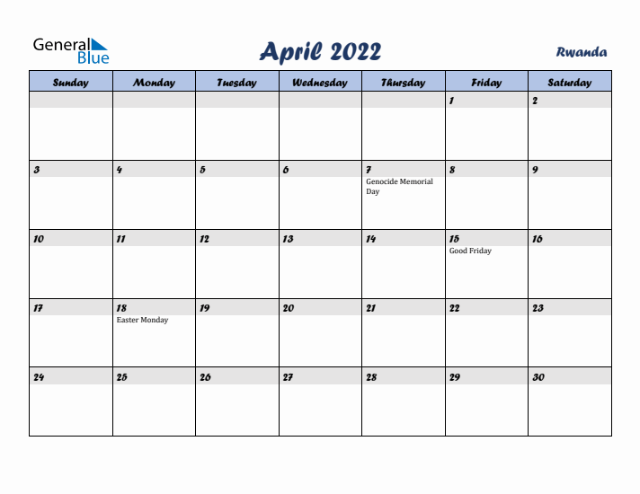 April 2022 Calendar with Holidays in Rwanda