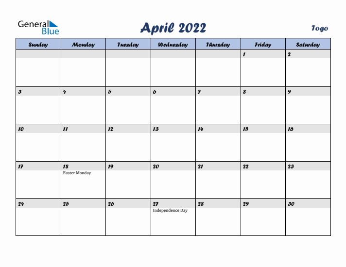 April 2022 Calendar with Holidays in Togo