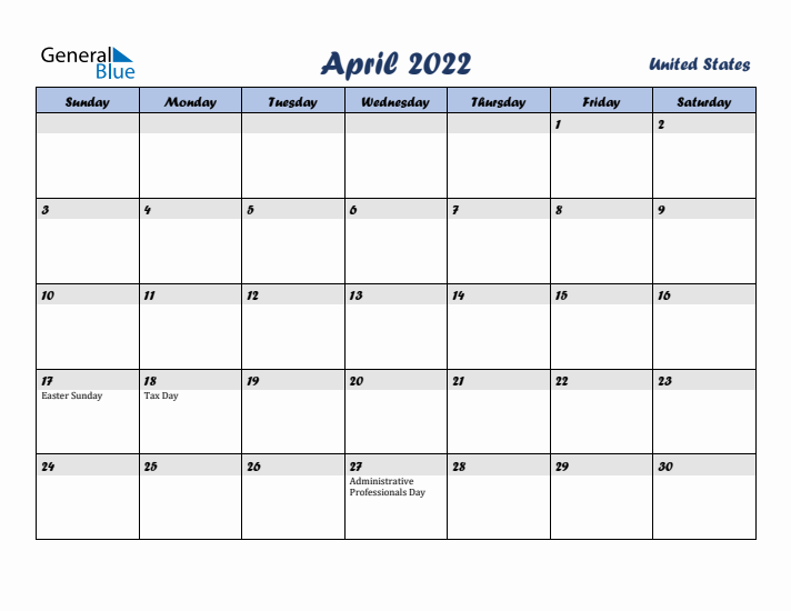 April 2022 Calendar with Holidays in United States