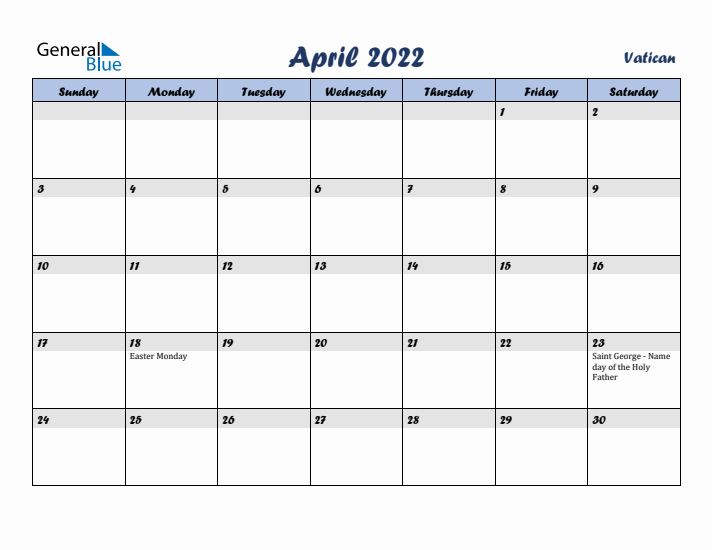 April 2022 Calendar with Holidays in Vatican