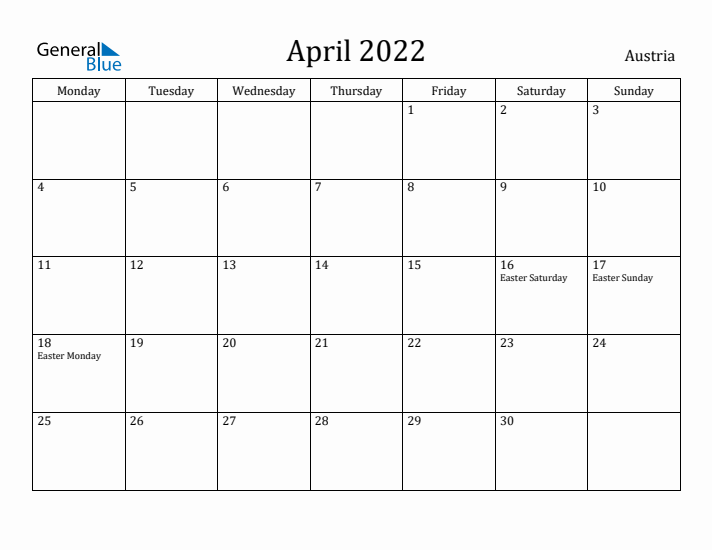 April 2022 Calendar Austria