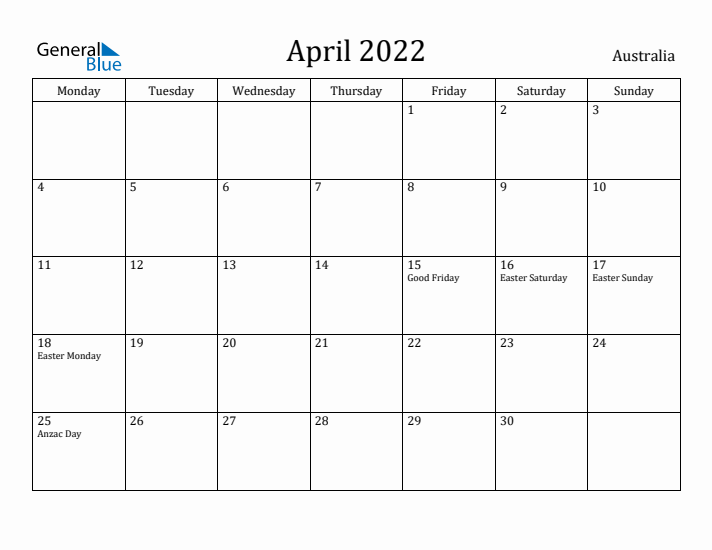 April 2022 Calendar Australia