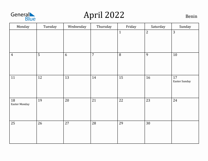 April 2022 Calendar Benin