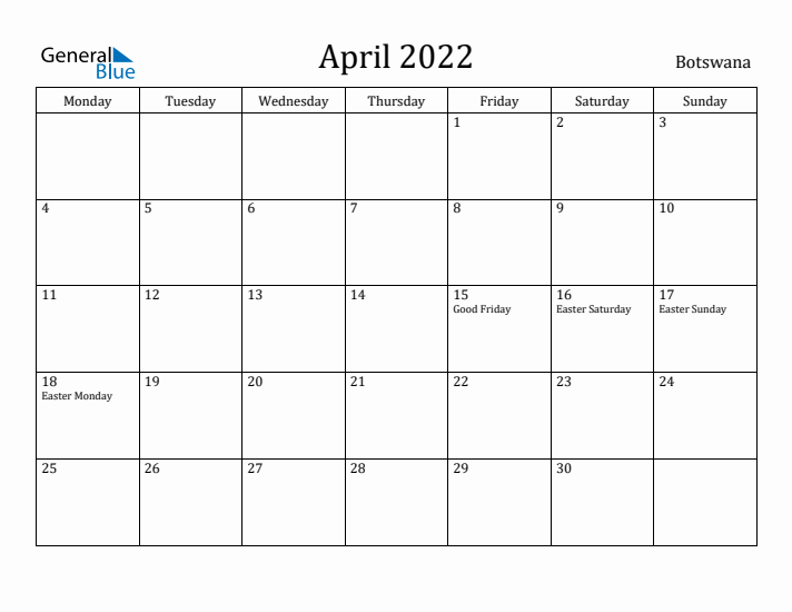 April 2022 Calendar Botswana