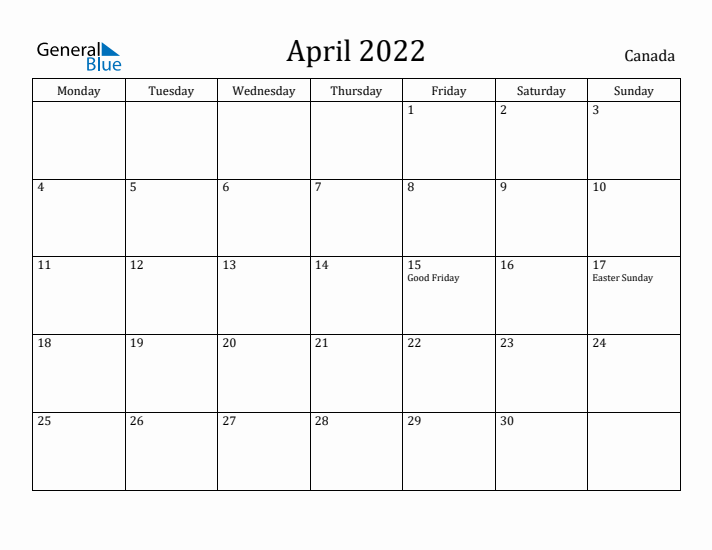 April 2022 Calendar Canada