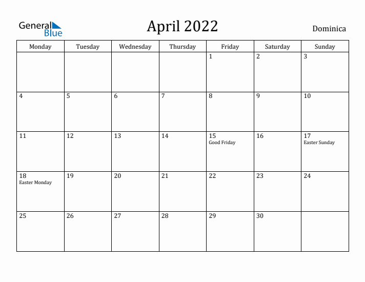 April 2022 Calendar Dominica